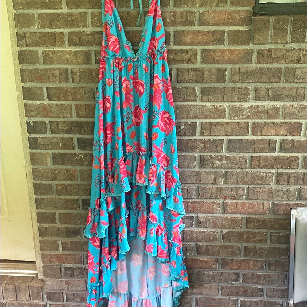 Teal Floral Ruffle Maxi High Low Dress